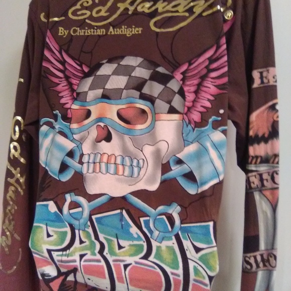 Ed Hardy Brown Long Sleeve Skull Graphics t-shirt Rare Find - Picture 11 of 16
